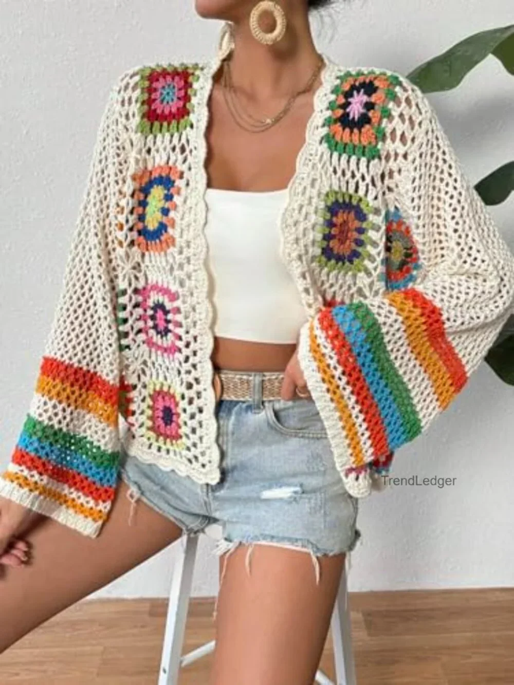 Floral Crochet Cardigan Long Sleeve Open Front Hollow Out V-Neck Women's